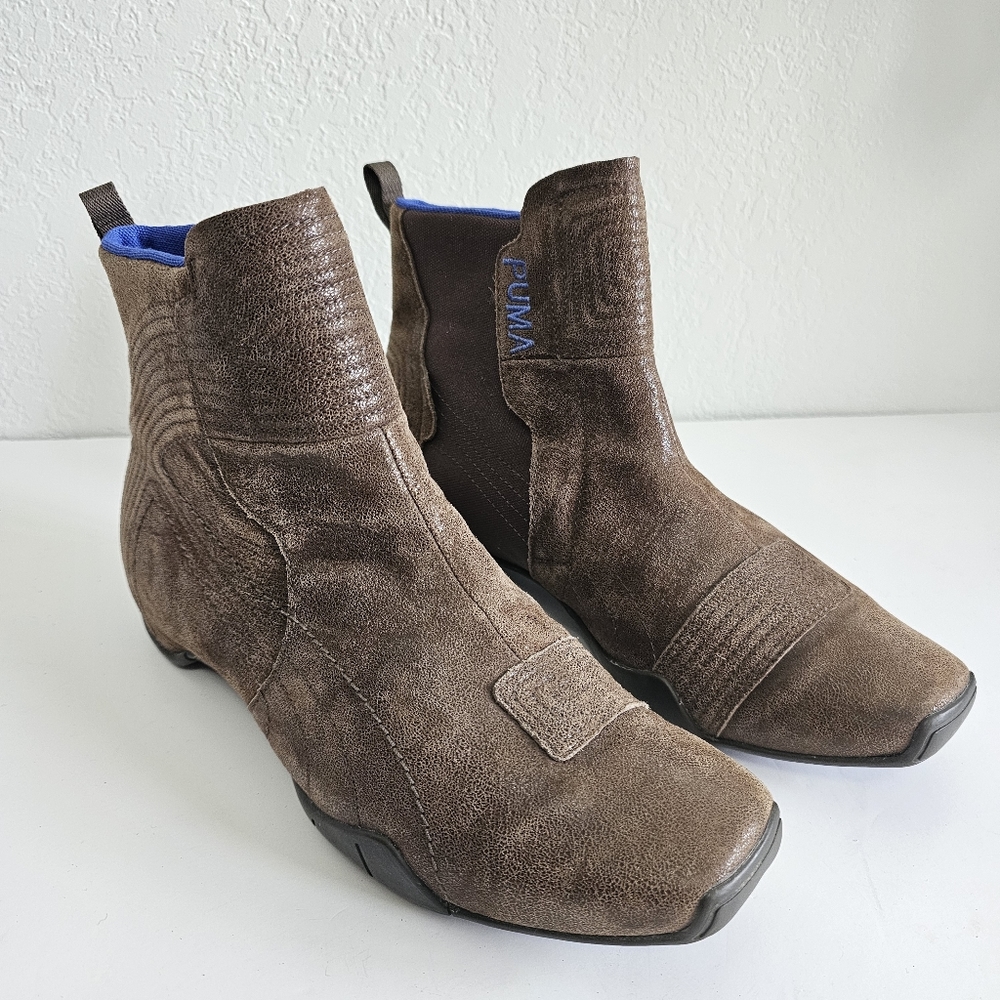 Puma Choke Mid Moto Riding Boots Oiled Brown Suede Leather Side Zip Size 8.5